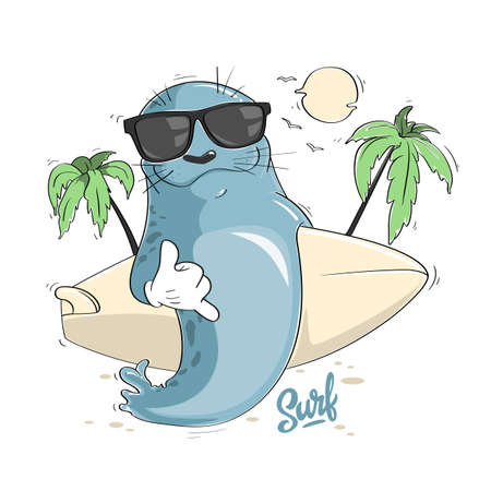 Cartoon seal with surf board and sunglasses, aloha vector designのイラスト素材