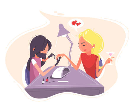 Contended woman. Nail master making natural manicure for businesswomanのイラスト素材