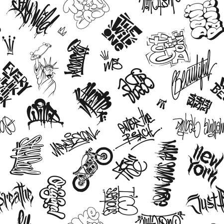 Vector graffiti tags, urban elements seamless pattern. Element for t-shirt design, textile, banner.のイラスト素材