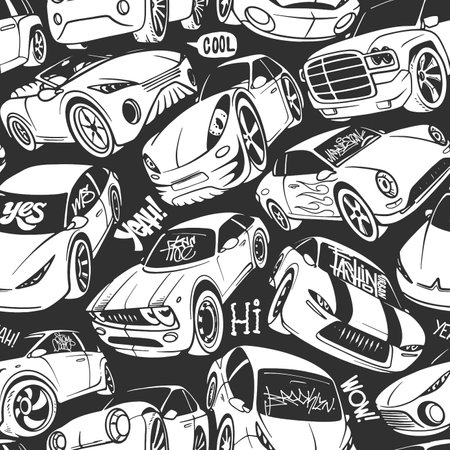 Seamless pattern with handwritten cars. Vector illustration.のイラスト素材