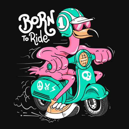 Funny Flamingo Rider Born to Ride Cartoon Illustration, Pink Biker Bird on Scooterのイラスト素材