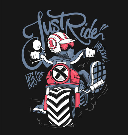 Cartoon Biker on Custom Motorcycle Just Ride Slogan.のイラスト素材
