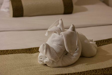 A welcome towel in the hotel roomの写真素材