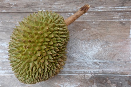 Closeup of fresh durain fruits on wooden basket.の写真素材
