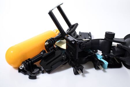 Sport action cam accessories in a white background composition