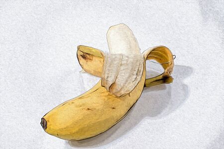 Yellow banana with peel in a white background composition illustrationの写真素材
