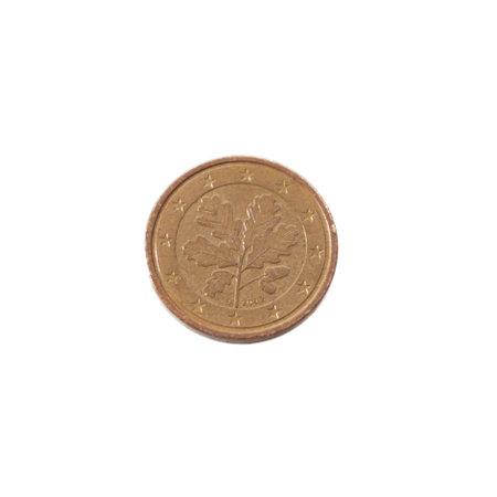 A close-up view of a one cent euro copper coin, showcasing its design and details isolated in a...