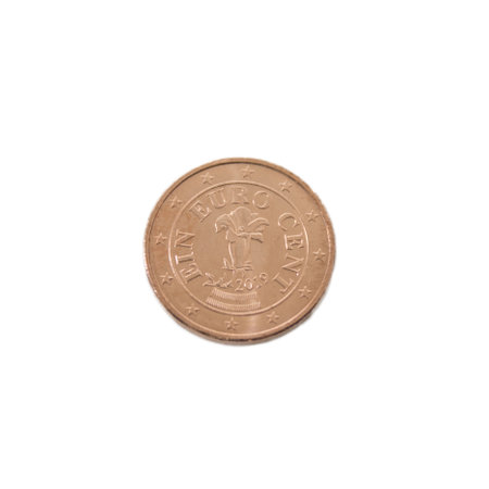 A close-up view of a one cent euro copper coin, showcasing its design and details isolated in a...