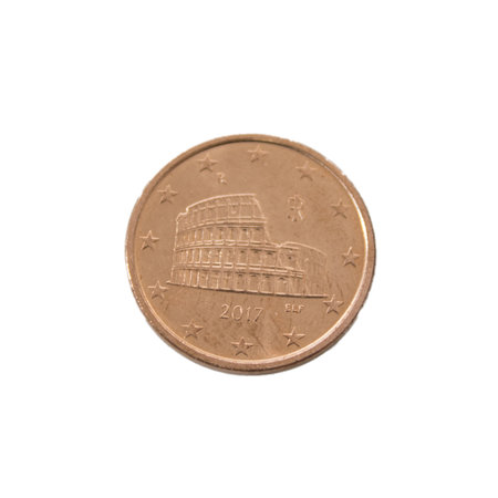 A close-up view of a five cent euro copper coin, showcasing its design and details isolated in a...