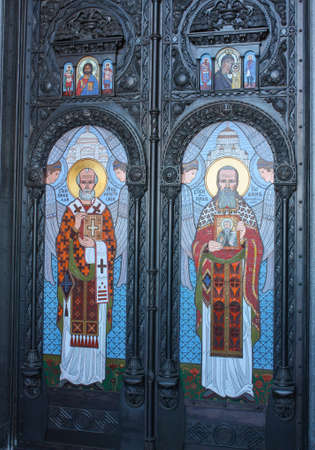 Russia, Saint-Petersburg - 11 October 2014: photo shows the doors of the Naval Cathedral of St. Nicholas decorated with holy imagesのeditorial素材