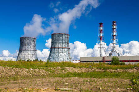 nuclear power plant with cooling towersの写真素材
