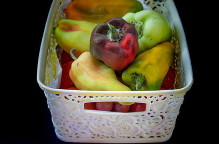 peppers lie in a white bowlの写真素材