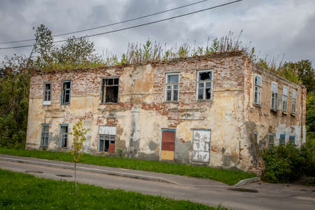 old, destroyed house in the Russian outbackの写真素材