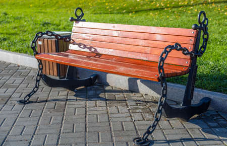 Russia, Saint-Petersburg, 10.10.2020: bench in town made of anchors and chainsのeditorial素材