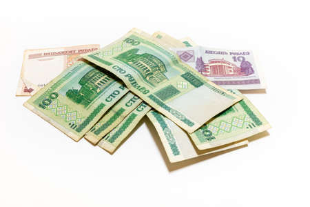 Belarusian rubles of different denominations on a white backgroundの写真素材