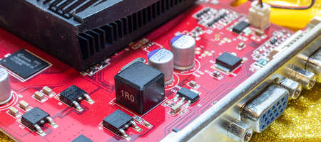 Chips On The red Board. Close-Up. Technological Progress Concept