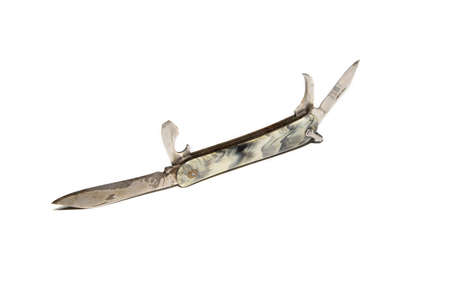 Old pocket foldable knife isolated on whiteの写真素材