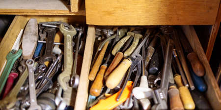 wrenches, pliers, screwdrivers are in the box, close-up