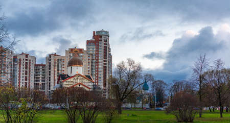 18 October 2021, Russia, Saint-Petersburg: Construction of a new church at the Kronstadt square