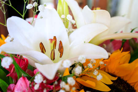 beautiful bouquet of lilies and other flowers, close-upの写真素材