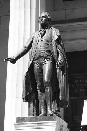 The statue of George Washington near Wall Street in New York Cityの写真素材