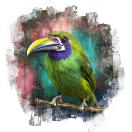Painted picture. Tropical bright bird Toucan sitting on a branch. Illustration.の写真素材
