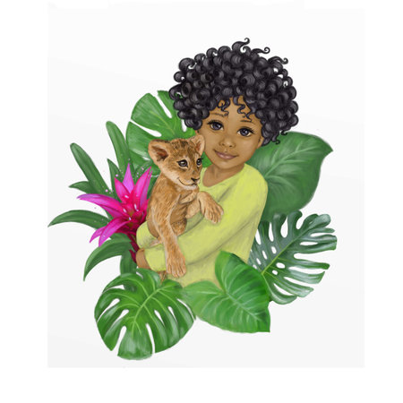 Baby in the arms of a little lion cub. Illustration.の写真素材