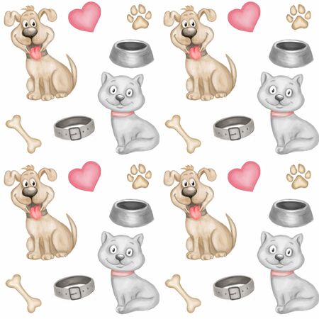 Small puppy and kitten, watercolor watercolor drawing, pattern, Pets.の写真素材