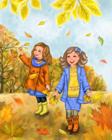 Golden autumn in the forest. Girls collect autumn leaves. Illustration.の写真素材