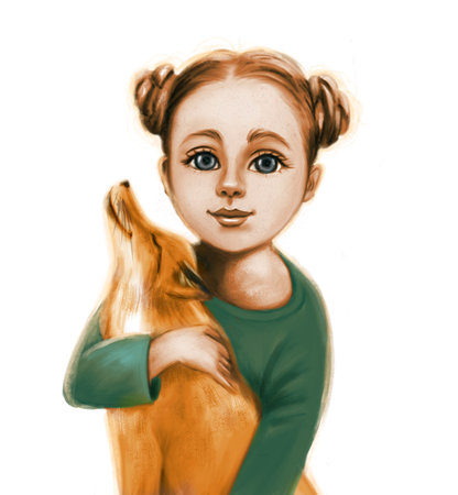 Red-haired girl holding a fox in her arms. Cartoon illustration.の写真素材