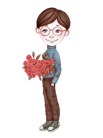 Boy with glasses, schoolboy holding a bouquet of flowersの写真素材