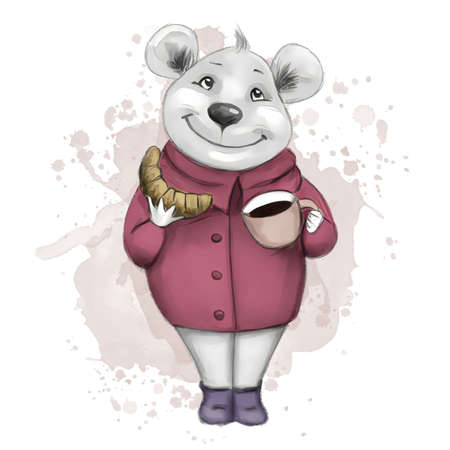 Cute mouse drinking tea and eating a bun, drinking tea, cartoon illustration on a white background.の写真素材