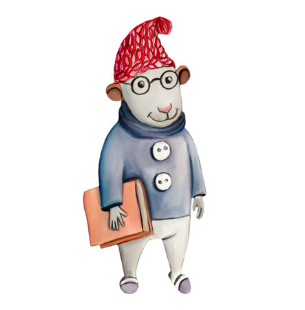 Cute mouse in a knitted hat, holding a book in his hands, cartoon character.の写真素材