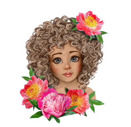 Portrait of a curly girl, a beautiful woman with flowers on her head.Cartoon illustration on a white background.の写真素材
