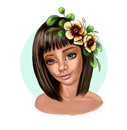 Portrait of a curly girl, a beautiful woman with flowers on her head.Cartoon illustration on a white background.の写真素材