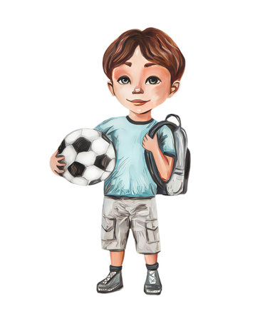Sports boy soccer player holding a soccer ball in his hands, schoolboy, cartoon character, illustration on a white background.の写真素材