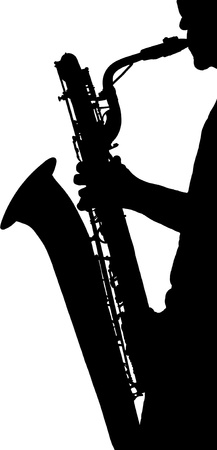 silhouette of a saxophone player  black on white backgroundの写真素材