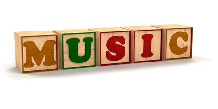 Music Spelled out In Child Color Blocks Angled with White Background and soft shadowsの写真素材