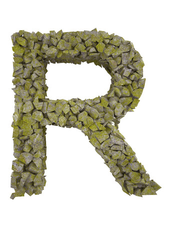 Destroyed letter of small pieces of stone covered with moss. High resolution 3dの写真素材