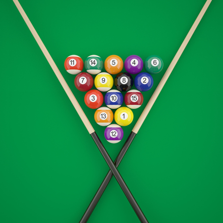 Billiard balls in a triangle with cues on green billiard table. 3d illustration
