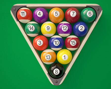 Billiard balls in triangle on green billiard table. 3d illustration