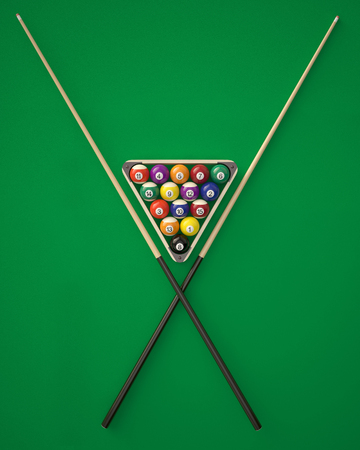 Elements of billiard balls, cue, triangle for the pyramid on green billiard table. 3d illustrationの写真素材