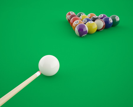 Billiard balls before hitting on a green billiard table. 3d illustration