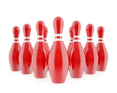 Red bowling pins with white stripes isolated on white background. 3d illustrationの写真素材