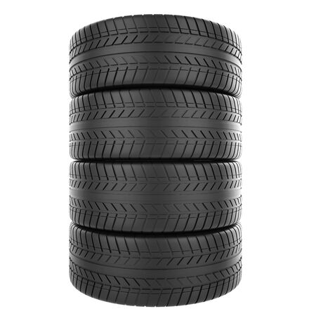 Stack of automotive rubber tires isolated on white backgroundの写真素材