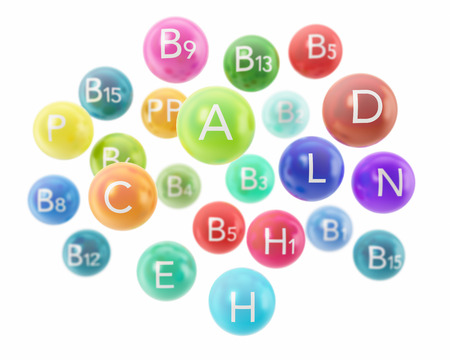 Colorful vitamin capsules isolated on white background. 3d illustrationの写真素材