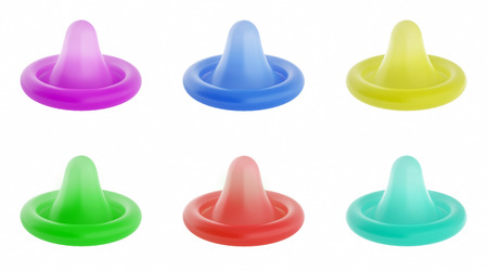 3d illustration of colorful condoms to protect against viruses and unplanned pregnancy.の写真素材
