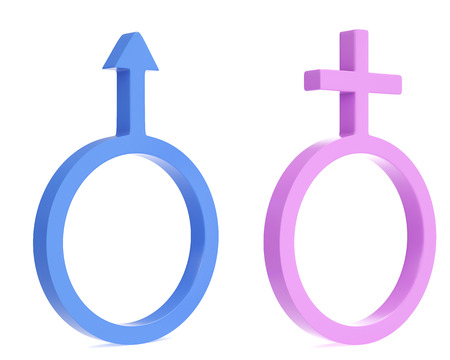 3d illustration of male and female characters, symbols with shadows .の写真素材