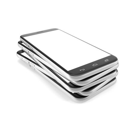 Stack smartphones cell phones isolated on white background with shadow. 3d illustration High resolutionの写真素材