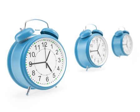 Watches alarm facing each other in a row with shadows isolated on white background. 3d illustration High resolutionの写真素材